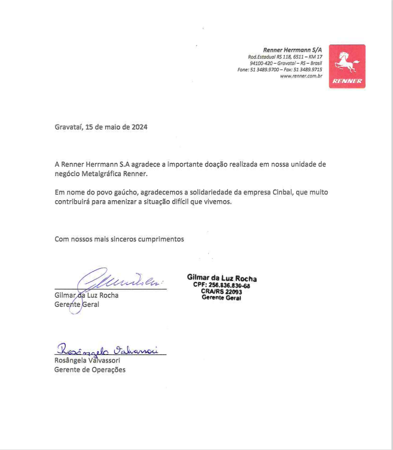 SOS CHUVAS RS: AGRADECIMENTO DO CLIENTE E PARCEIRO RENNER